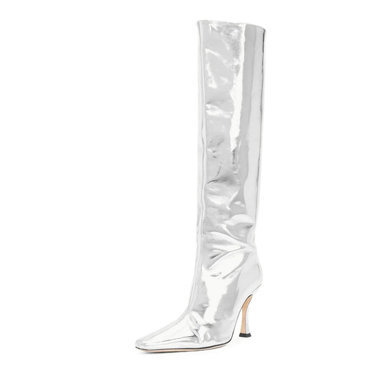 Silver Square Toe Half Zipper Spool Heel Knee High Boots for Women