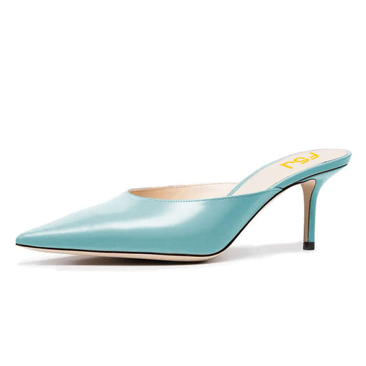 Turquoise Pointed Toe Kitten Heel Office Mules for Women