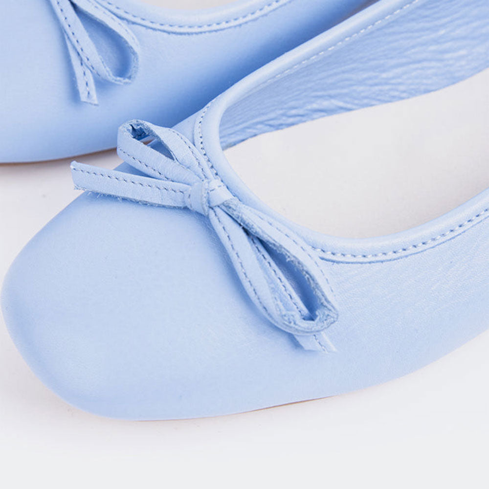 Light Blue Vegan Leather Square Toe Ballet Flats with Bow Tie Details