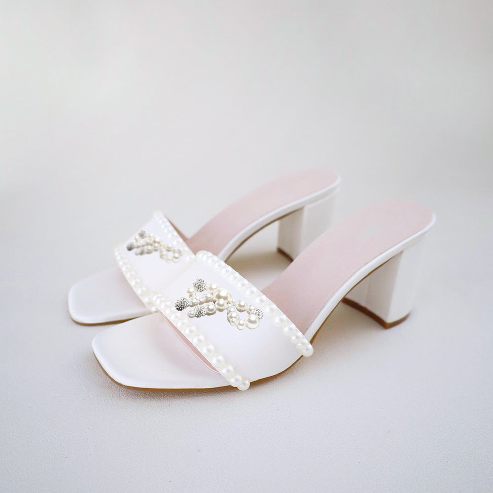 White Satin Square Toe Chunky Heel Pearl Mules