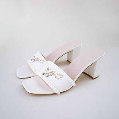 White Satin Square Toe Chunky Heel Pearl Mules