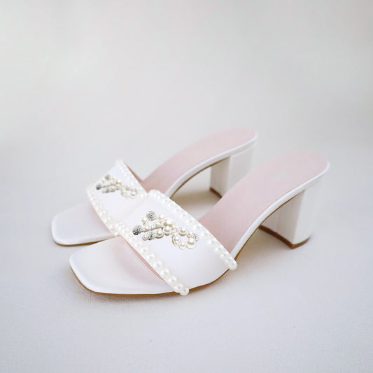 White Satin Square Toe Chunky Heel Pearl Mules