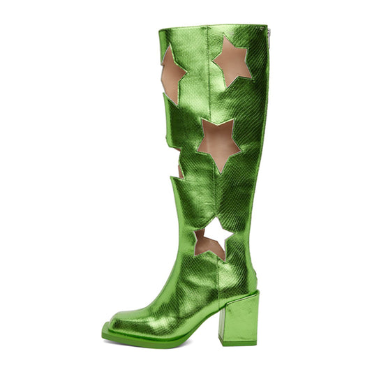 Green Square Toe Hollow Out Star Knee High Boots with Chunky Heels