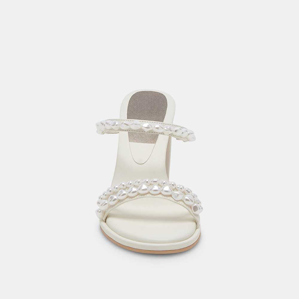 White Round Toe Chunky Heel Pearl-Studded Strappy Mules