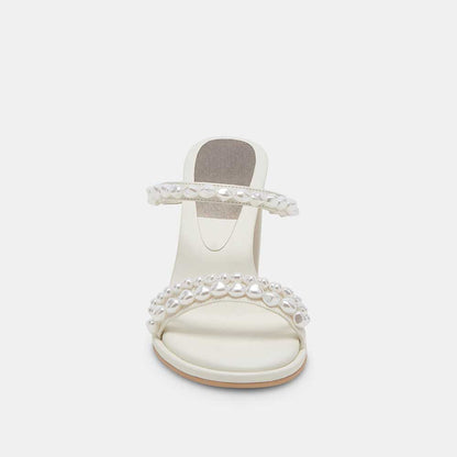 White Round Toe Chunky Heel Pearl-Studded Strappy Mules