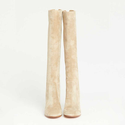 Beige Vegan Suede Pointed Toe Back-Zipper Block Heel Knee High Boots