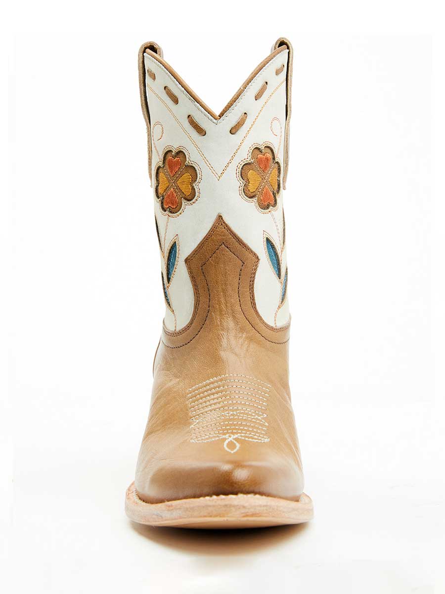 Brown & White Floral Embroidered Inlay Heeled Western Ankle Boots