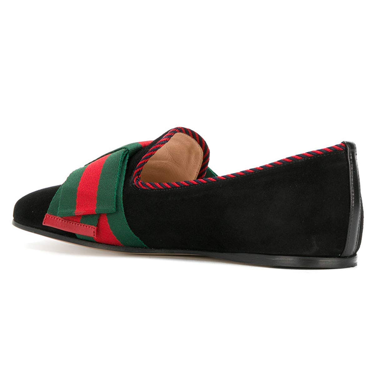 Black Square Toe Red & Green Striped Strap Flat Women's Loafers