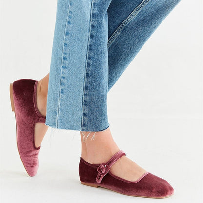 Maroon Velvet Mary Jane Shoes Square Toe Buckle Strap Flats