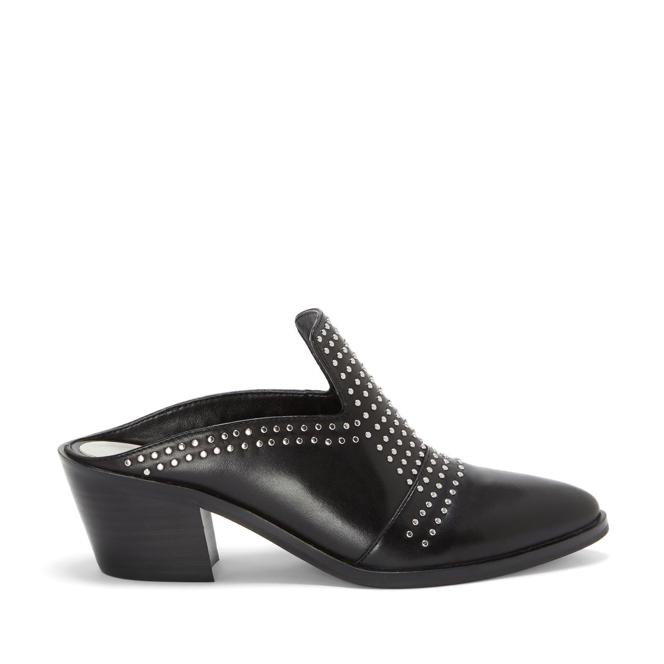 Black Block Heels Almond Toe Studded Mule Loafers for Women