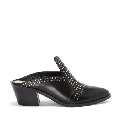 Black Block Heels Almond Toe Studded Mule Loafers for Women