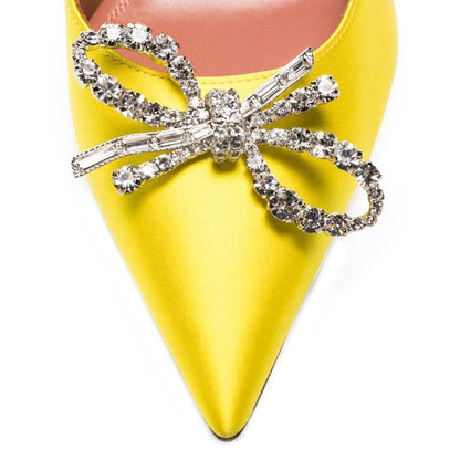 Yellow Satin Flared Heel Rhinestone Bow Embellished Slingback Pumps