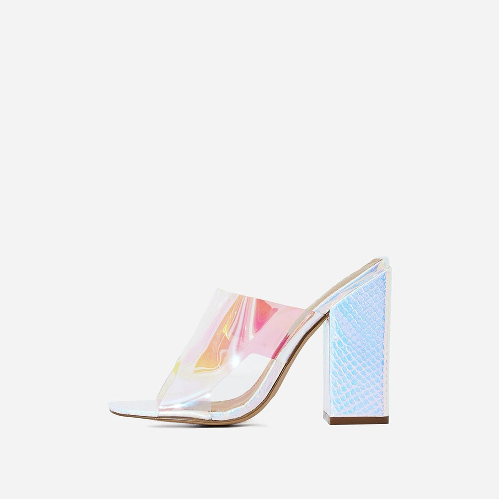 Women's Hologram Square Toe Transparent PVC Block Heel Mules Shoes