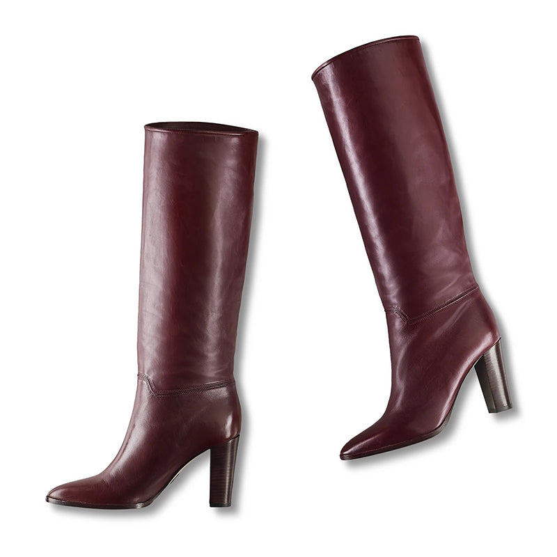 Classic Maroon Pointed Toe Chunky Heel Knee High Boots
