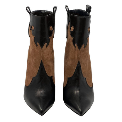 Black & Brown Vegan Suede Pointed Toe Western Ankle Boots with Wedges