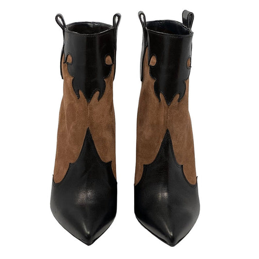 Black & Brown Vegan Suede Pointed Toe Western Ankle Boots with Wedges
