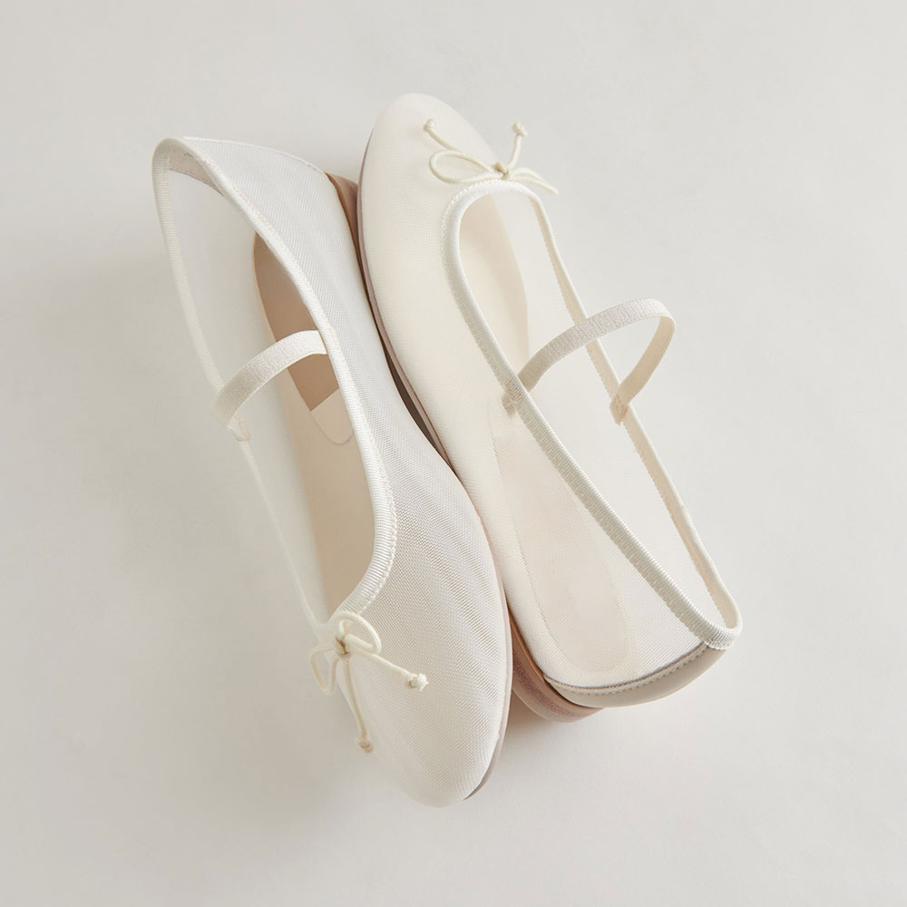FSJ Comfortable White Mesh Round Toe Bow Decor Ballet Flats
