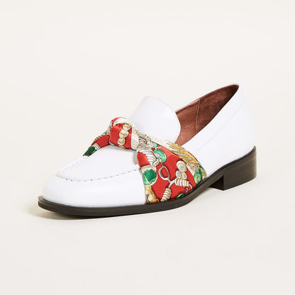 White Round Toe Scarves Strap Comfortable Flats Women's Loafers