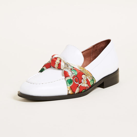 White Round Toe Scarves Strap Comfortable Flats Women's Loafers