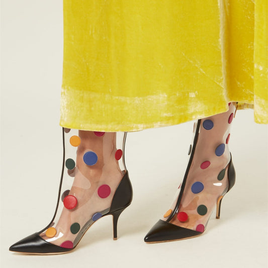 Black Stiletto Heel Colorful Dots Transparent Ankle Boots