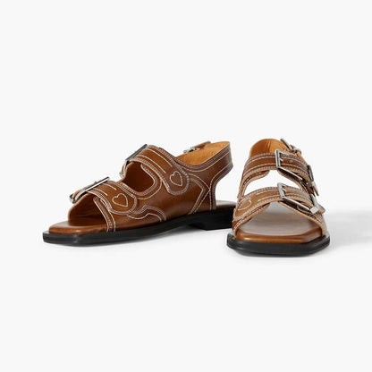 Brown Vegan Leather Square Toe Buckle Fastening Slingback Strap Flats