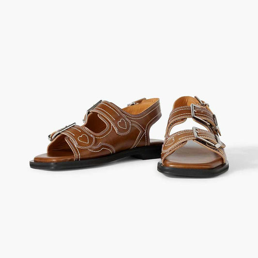 Brown Vegan Leather Square Toe Buckle Fastening Slingback Strap Flats