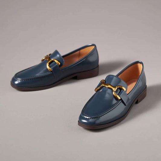 Black Faux Suede Round Toe Flat Formal Loafers with Chain