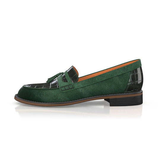Women's Green & Black Embossed Splicing Penny Loafers with Fringe