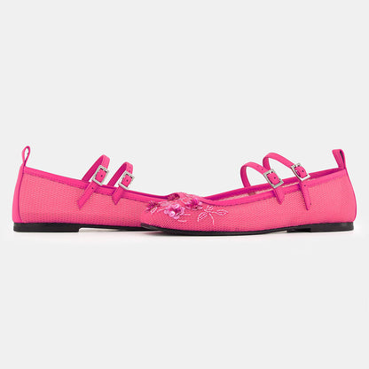 Pink Mesh Floral Beads & Sequins Buckle Fastening Mary Jane Flats