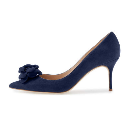 Women's Navy Flower Heels Pointed Toe Vegan Suede Dress Pumps Shoes
