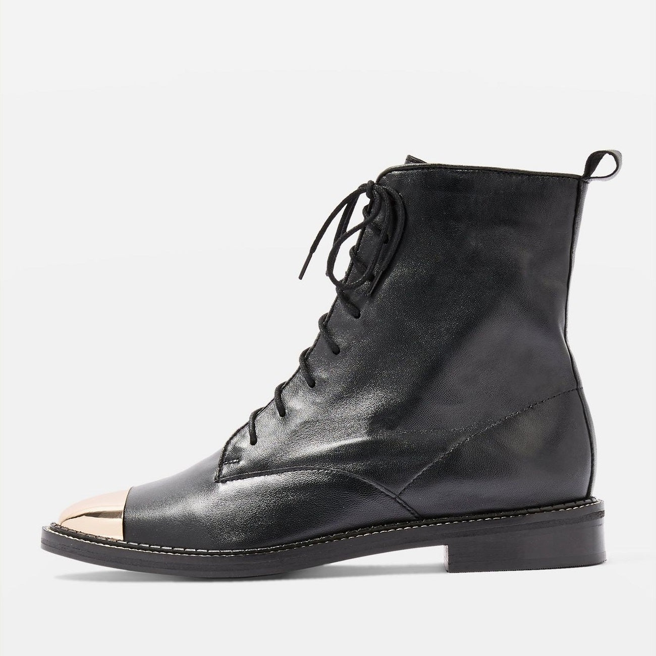 Black Metal Cap Toe Lace-Up Flat Ankle Boots with Zipper