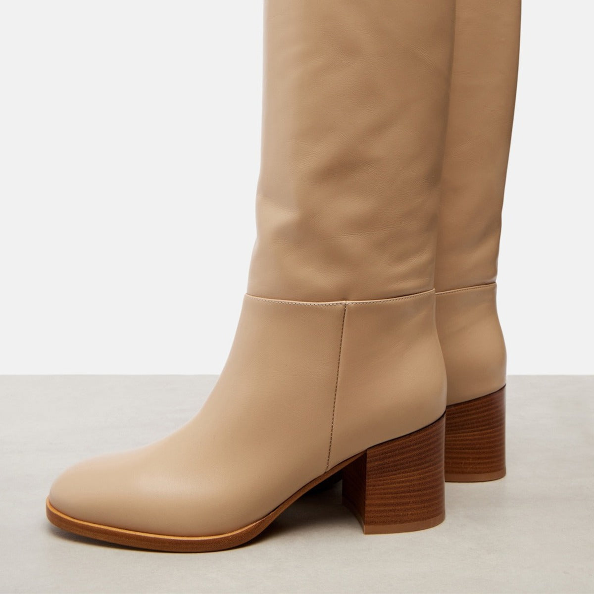 Classic Khaki Block Heel Vegan Leather Knee High Boots for Women