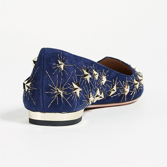 Navy Stars Studded Pointed Toe Comfortable Flats