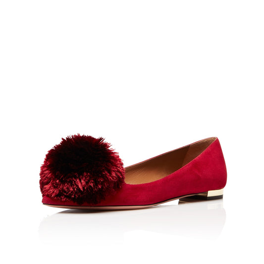 Red Cute Pom Pom Shoes Vegan Suede Pointy Toe Casual Flats