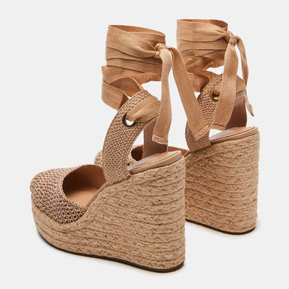 Brown Woven Pointed Toe 5'' Wedge Heel Lace-Up Platform Pumps