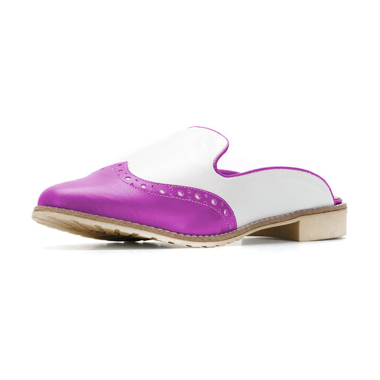 FSJ Purple and White Round Toe Low Heel Mule Loafers
