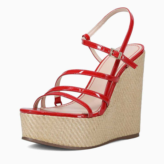 Red & Beige Open Toe Buckle Strappy Wedge Sandals with Woven Platform