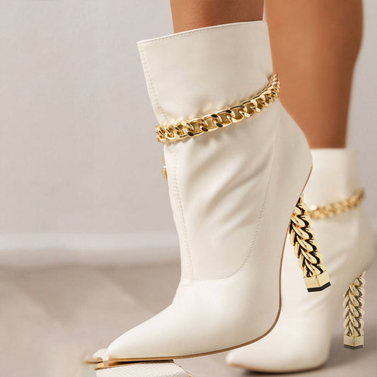 Women's Pointed Toe Gold Decorative Heel Chain Ankle Boots in White
