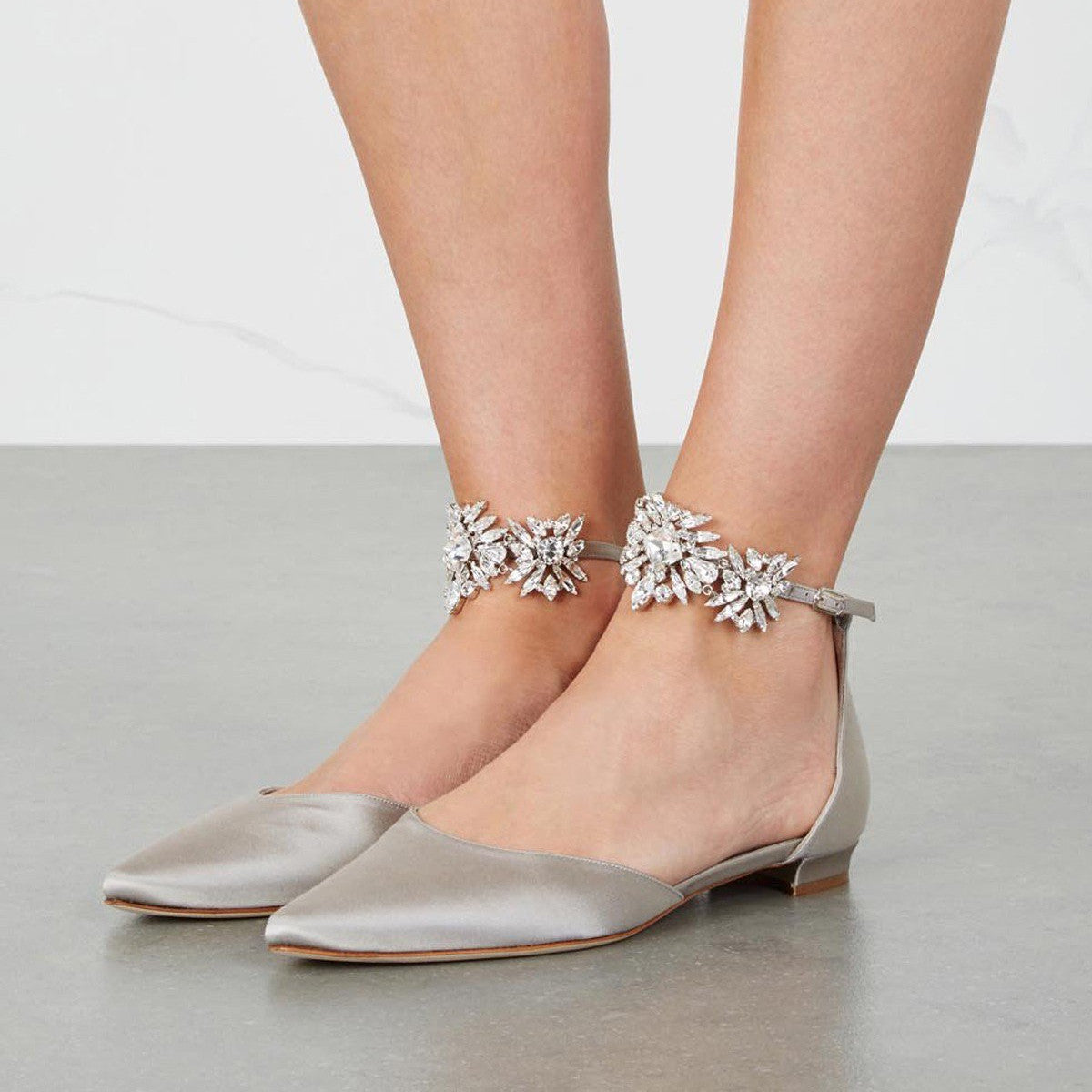 Classy Gray Satin Pointed Toe Ankle Strap Bride Flats with Rhinestone