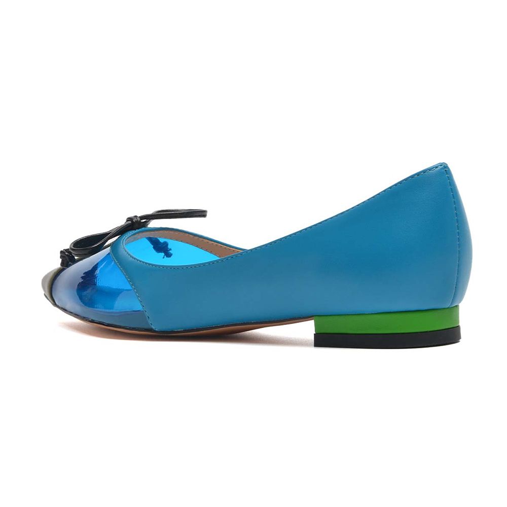 Blue Pointed Toe PVC Splicing Design Fashion Flats with Bow Knot