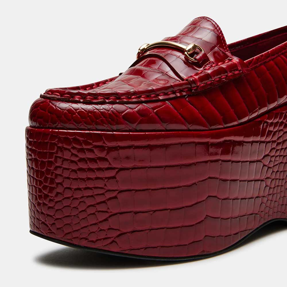 Red Crocodile Embossed Metal Strap Round Toe High Platform Loafers
