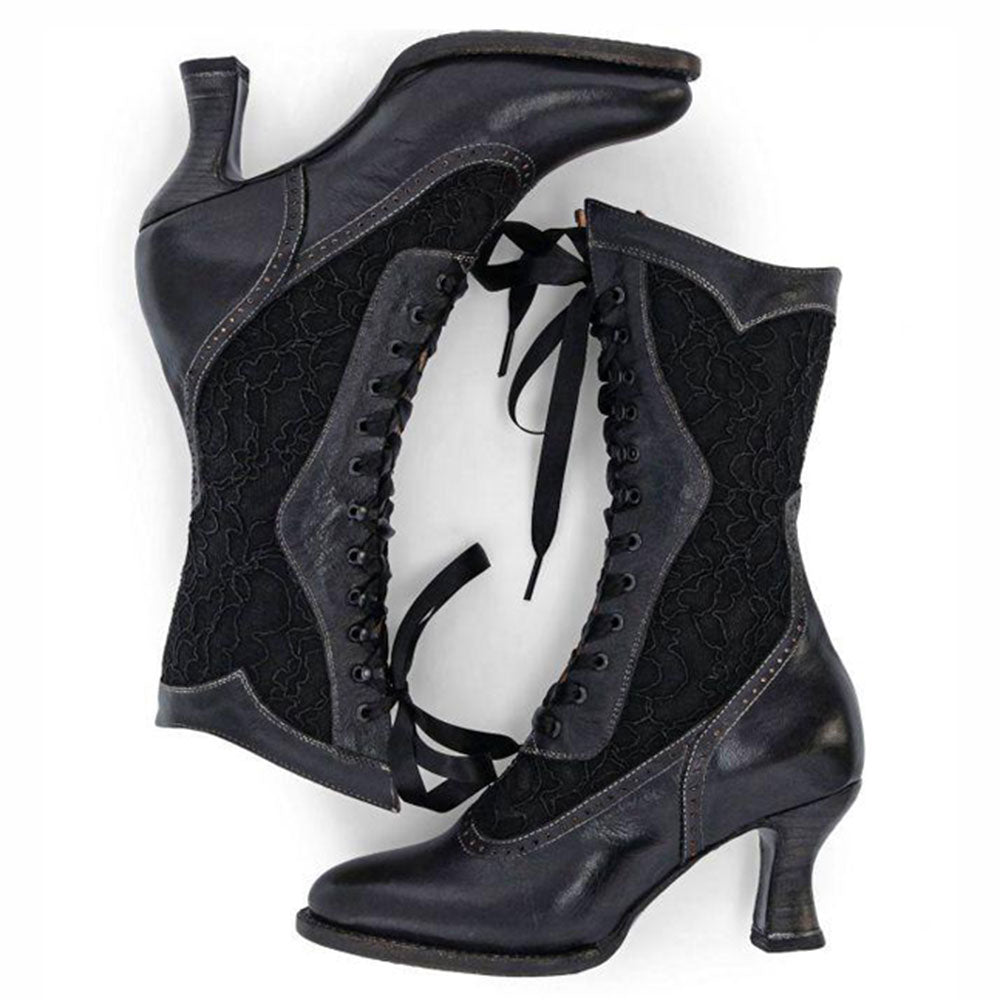 Black Lace Almond Toe Spool Heel Mid Calf Boots for Women with Ribbon