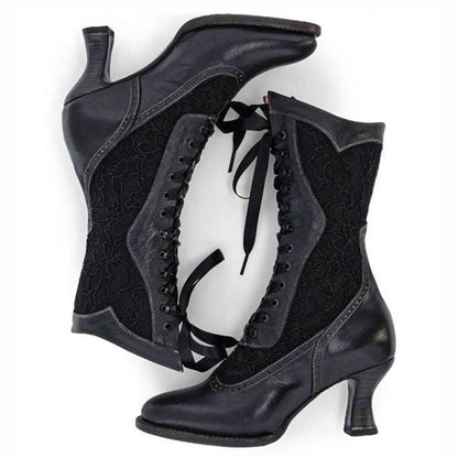 Black Lace Almond Toe Spool Heel Mid Calf Boots for Women with Ribbon