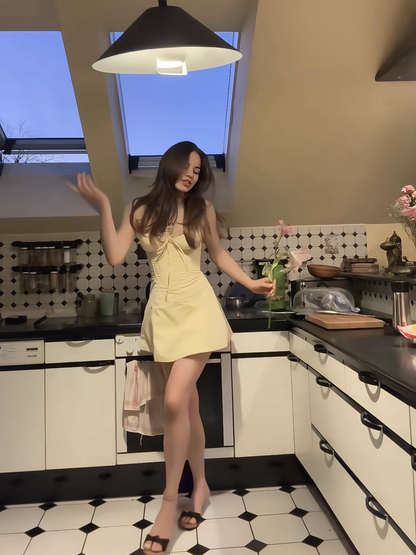 Vintage Lemon Yellow Spaghetti Strap A-Line Mini Dress Homecoming Dress Party Dress Short Cocktail Dress TP5190