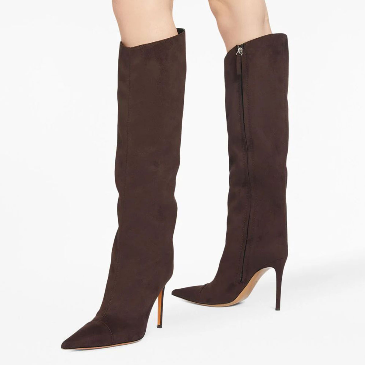 Brown Pointed Toe Stiletto Heel Knee High Boots with Side Zipper