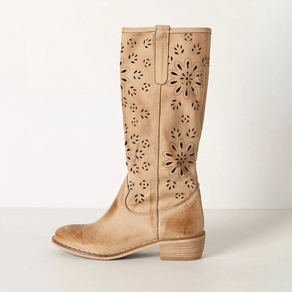 Khaki Floral Perforated Round Toe Stacked Heel Mid Calf Boots
