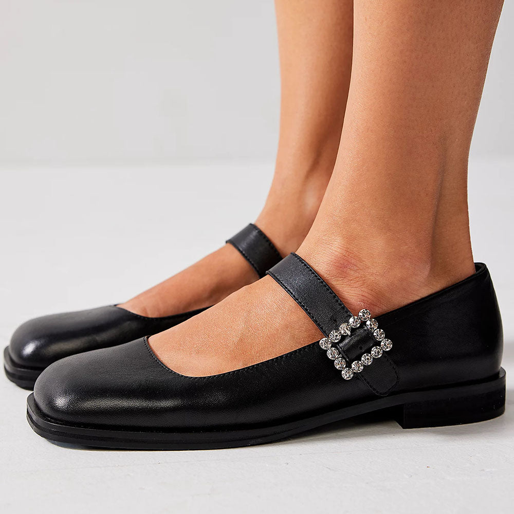 Black Square Toe Buckle Flats Women's Office Mary Jane Shoes