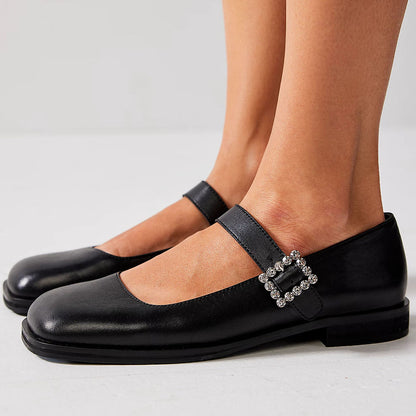 Black Square Toe Buckle Flats Women's Office Mary Jane Shoes