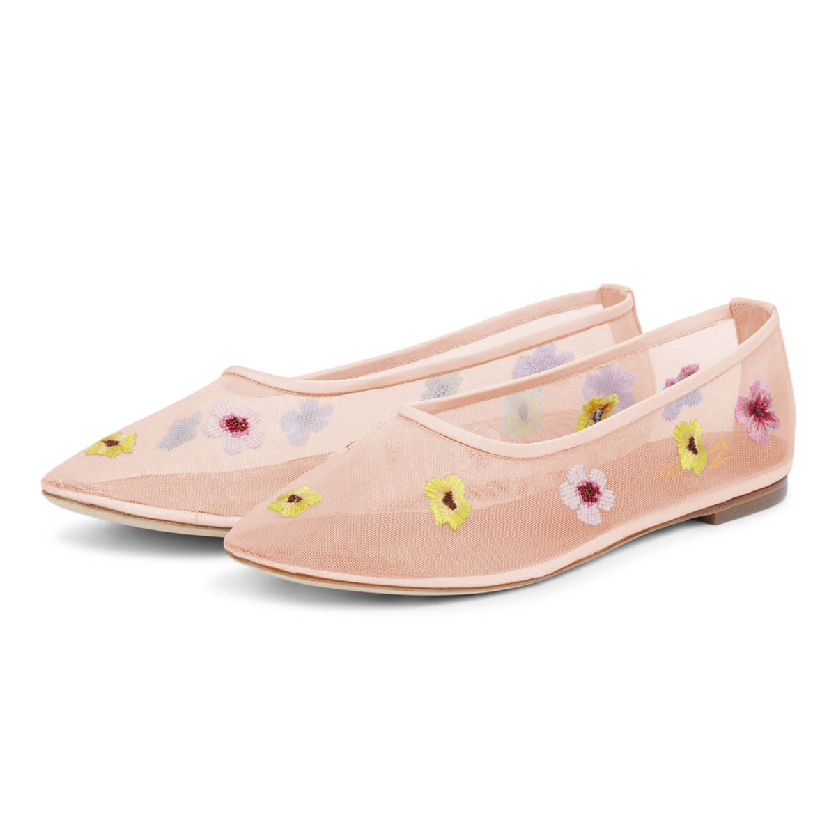 Women's Pink Round Toe Slip-On Floral Embroidered Mesh Flats