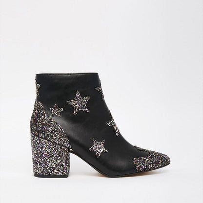 Black Almond Toe Glitter Patchwork Star Ankle Boots with Block Heel